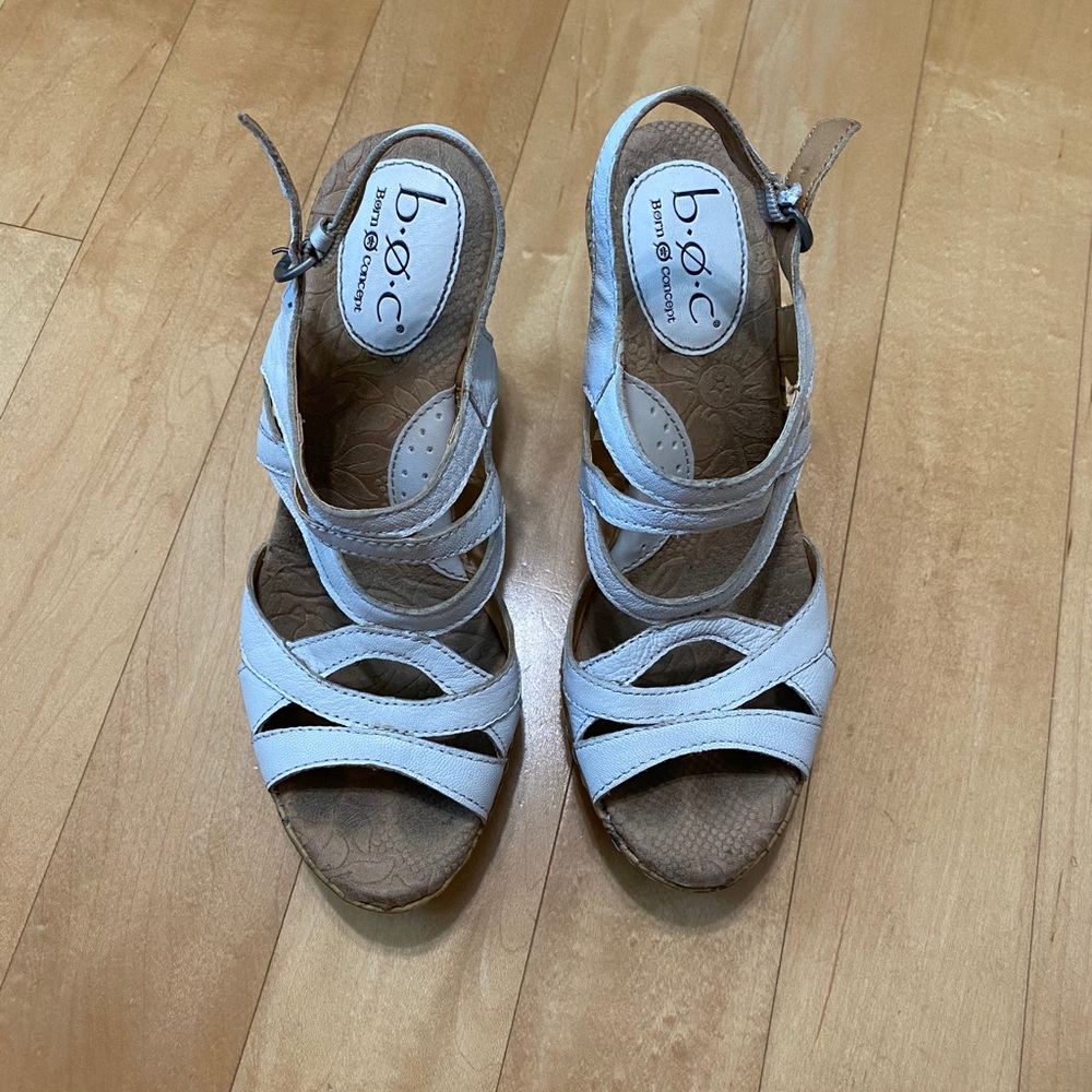 BOC 4” White Leather Strappy Cork Wedges